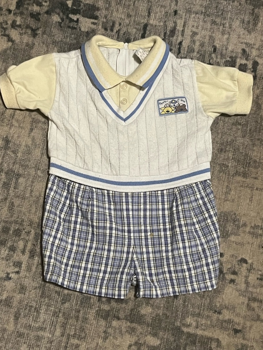 Vintage Baby Boy Romper Outfit 6-9M Peek A Boo Teddy Plaid Knit Vest One Piece